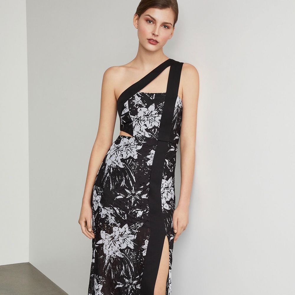 BCBG One-Shoulder Floral Lace Gown